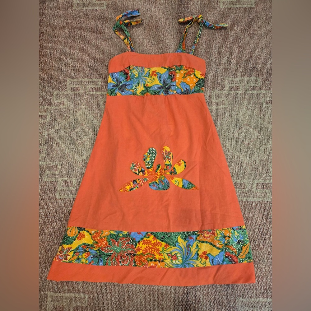 Vintage 70’s appliqué embroidered ruched midi sun dress tie straps size 9 small